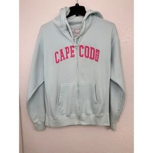 Cuffys Cape Cod MA Zip Up Hoodie Sweatshirt Light Blue Pink Logo Size L